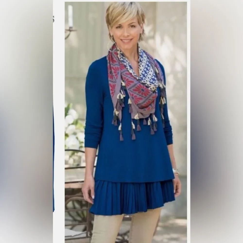NEW Soft Surroundings Audrey Royal Blue Boho Long Sleeves Pleated Hem Tunic MP